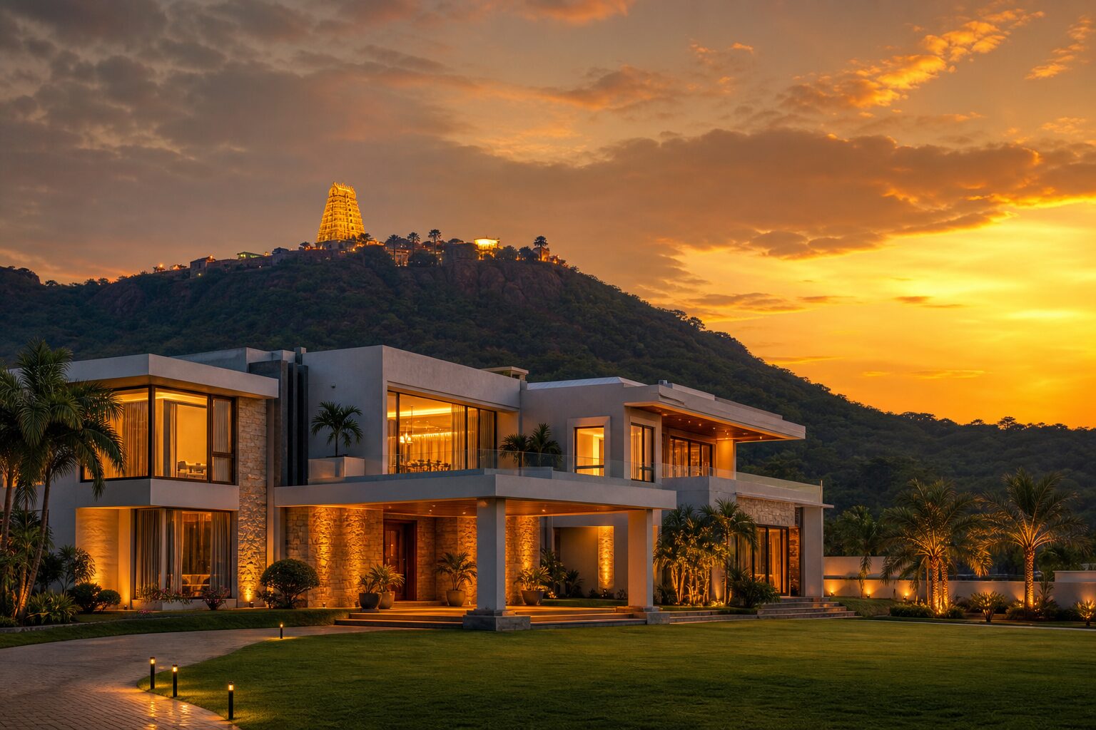 Luxury villa in Tirupati with Tirumala hills in the background